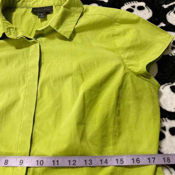 WORTHINGTON Chartreuse green short-sleeve button-down shirt MEDIUM LARGE blouse - Picture 8 of 14